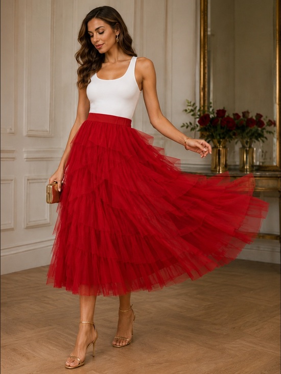 CeCe Dresses & Skirts - CeCe Red Tiered Tulle Midi Skirt NWT Size Medium